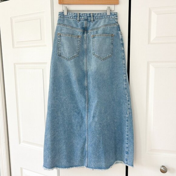 Pilcro Madi Front Slit Denim Maxi Skirt Blue High Waist Raw Hem Women’s 10 - Picture 4 of 6